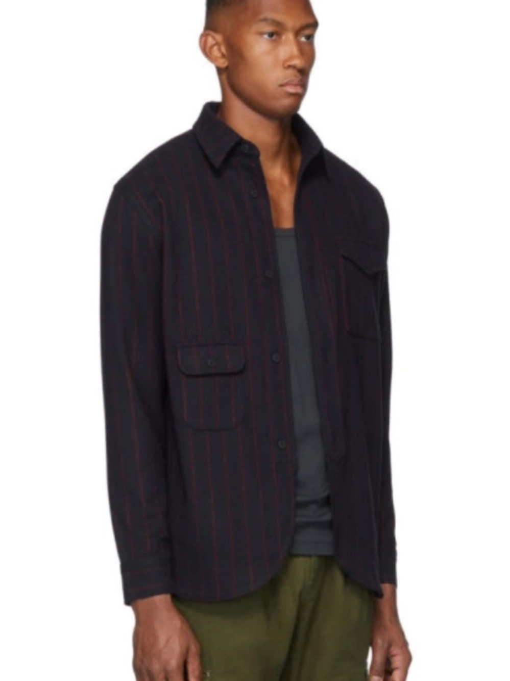 Han Kjobenhavn Navy Red Pinstripe Army Shirt Wool Blend Overshirt Minimalist